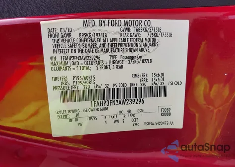 2010 Ford Focus Se из США, поврежденный, VIN 1FAHP3FN2AW239296